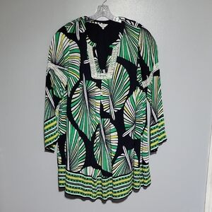Crown & Ivy Vibrant Palm Leaf Print Shift Dress w/ Crochet Trim - Sz 1X